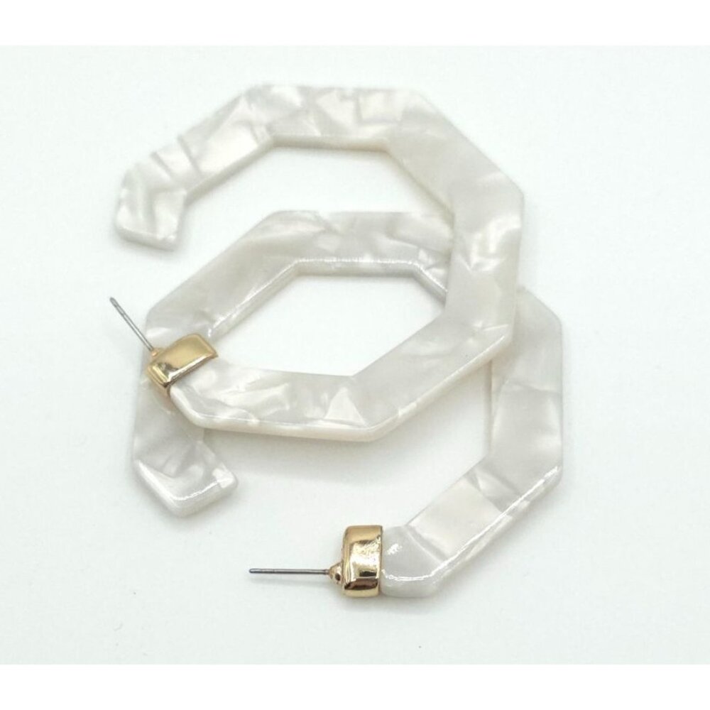 Geometric White Acrylic Hoop Earrings With Gold Accents - Lightweight & Stylish
